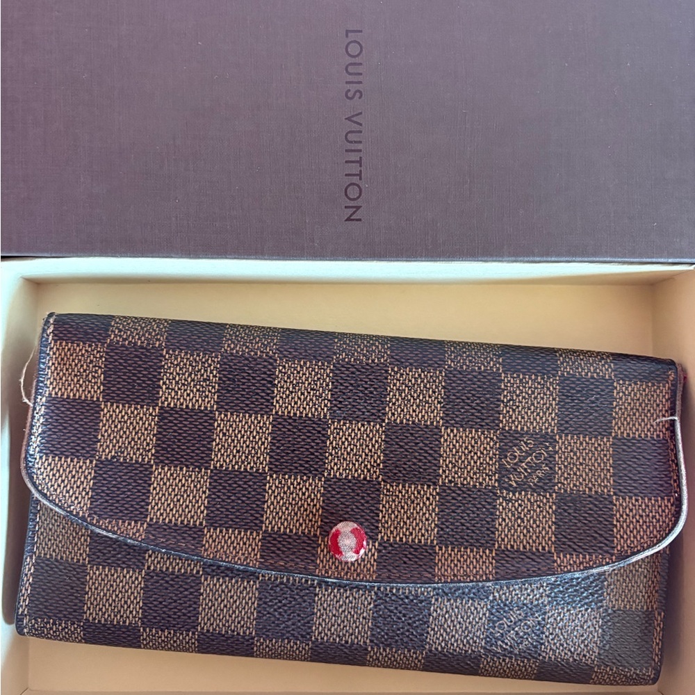 Louis Vuitton Damier Ebene Wallet with Red Accent - Authentic